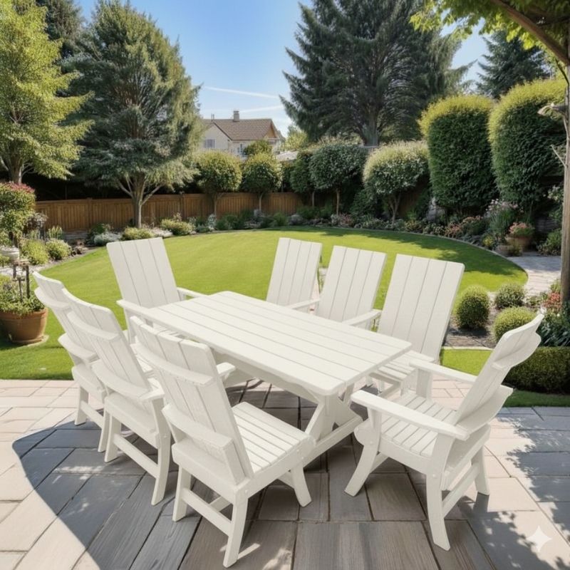 Modern Dining Set for 8 with 6' Table on a patio with a garden and house in the background - White