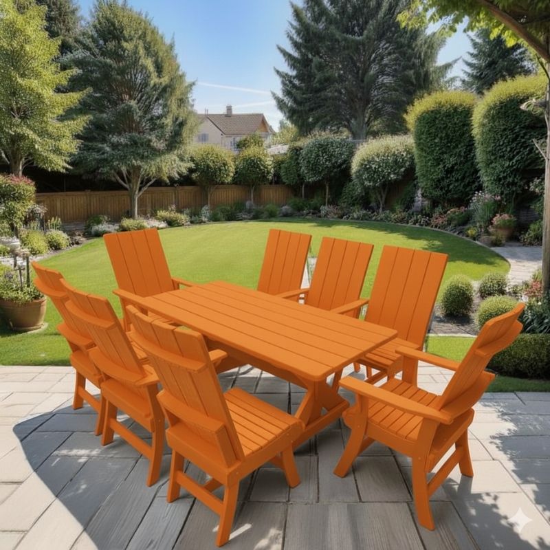 Modern Dining Set for 8 with 6' Table on a patio with a garden and house in the background - orange