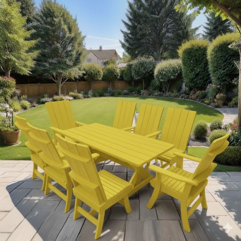 Modern Dining Set for 8 with 6' Table on a patio with a garden and house in the background - yellow