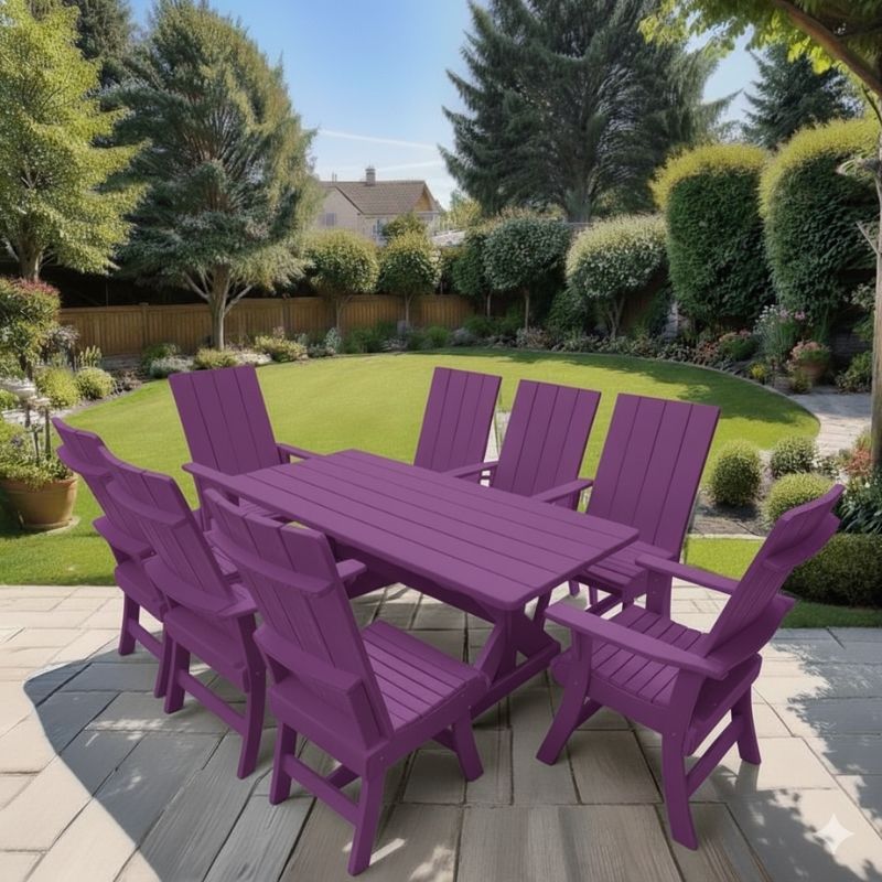 Modern Dining Set for 8 with 6' Table on a patio with a garden and house in the background - purple