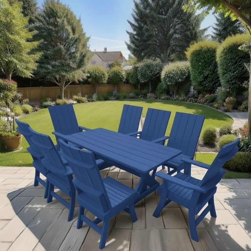 Modern Dining Set for 8 with 6' Table on a patio with a garden and house in the background - blue