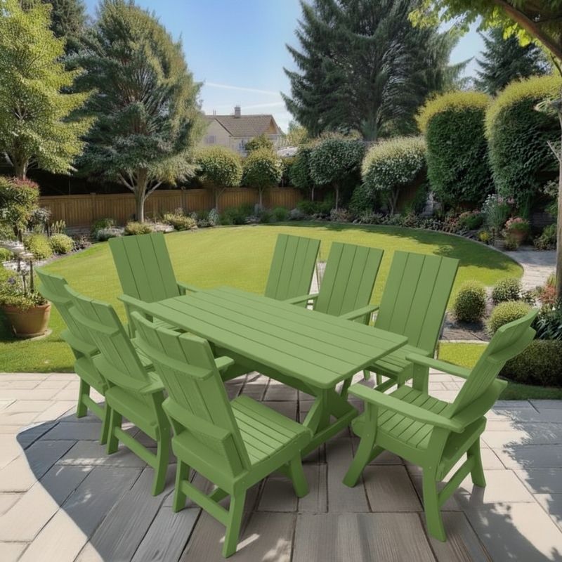 Modern Dining Set for 8 with 6' Table on a patio with a garden and house in the background - lime green