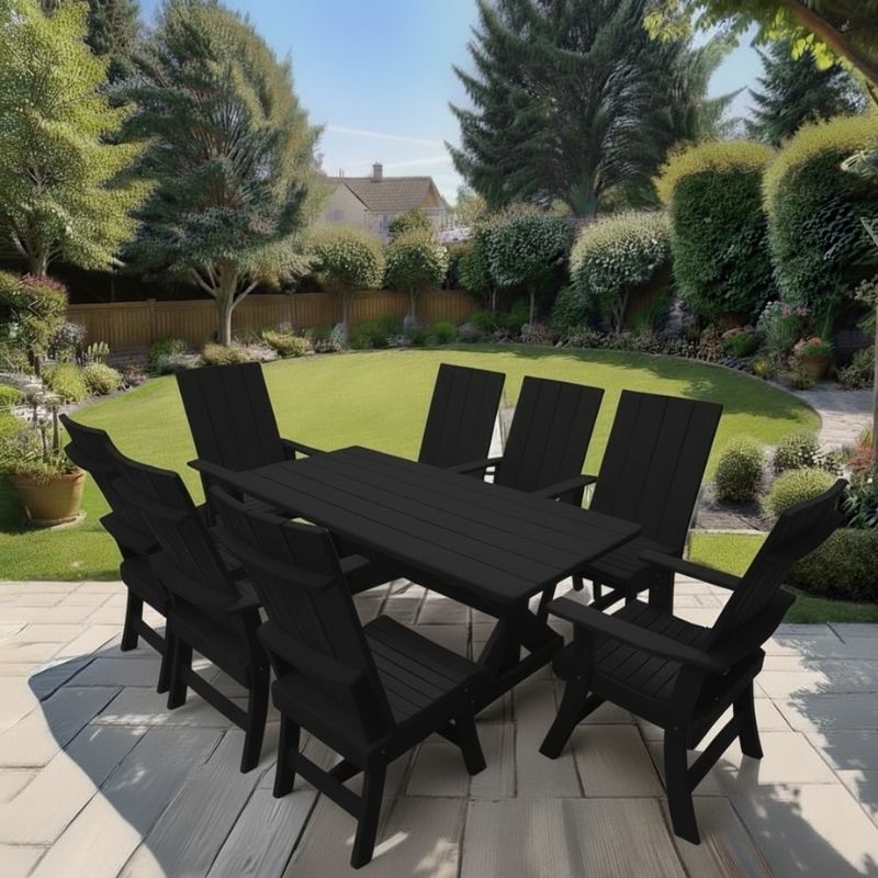 Modern Dining Set for 8 with 6' Table on a patio with a garden and house in the background - Black