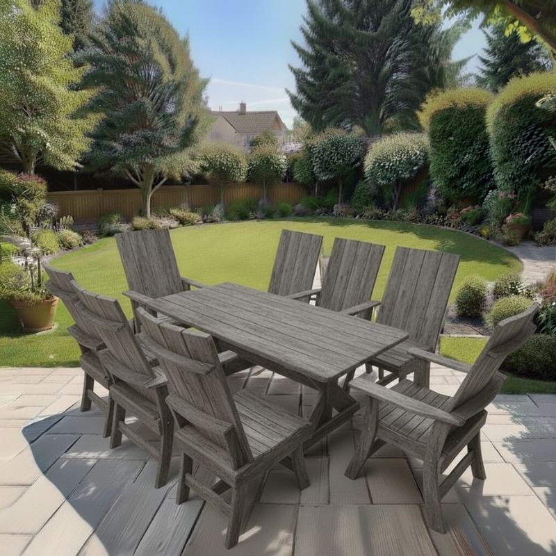 Modern Dining Set for 8 with 6' Table on a patio with a garden and house in the background - woodgrain driftwood grey