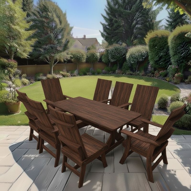 Modern Dining Set for 8 with 6' Table on a patio with a garden and house in the background - brazilian walnut