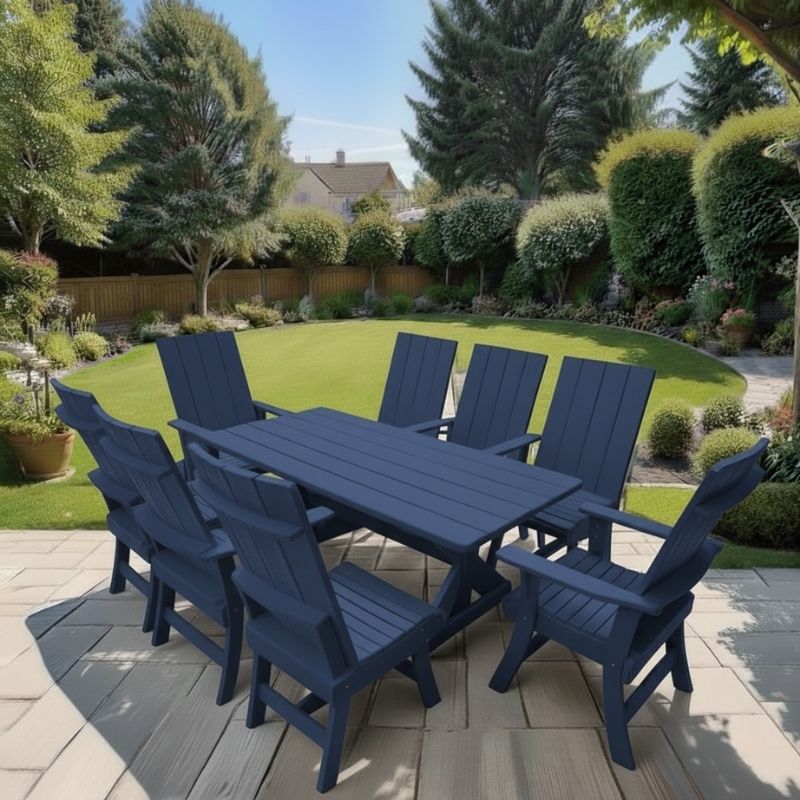 Modern Dining Set for 8 with 6' Table on a patio with a garden and house in the background - patriot blue