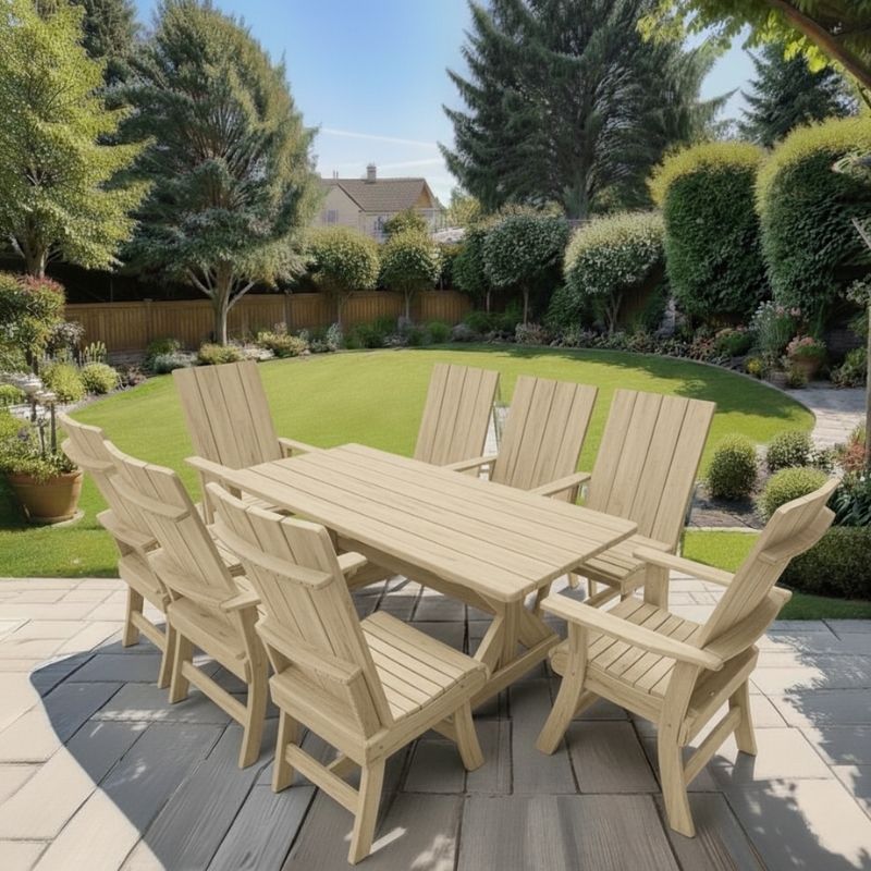 Modern Dining Set for 8 with 6' Table on a patio with a garden and house in the background