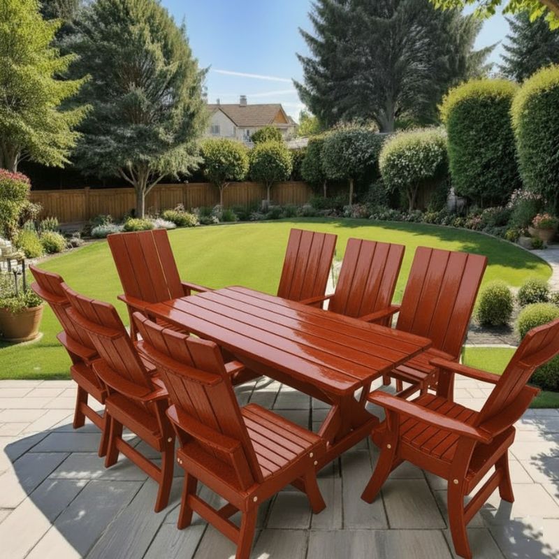 Modern Dining Set for 8 with 6' Table on a patio in a garden setting - clear cedar - mahogany glossy