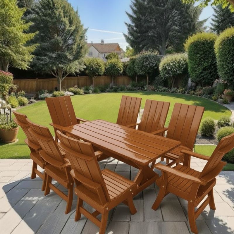 Modern Dining Set for 8 with 6' Table on a patio in a garden setting - clear cedar - caramel glossy