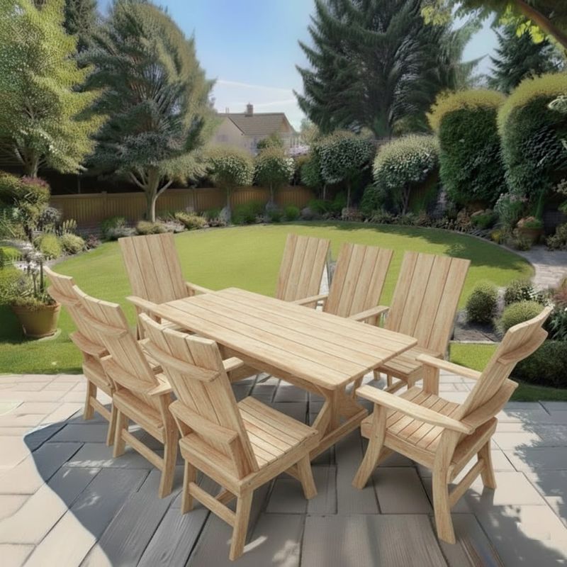 Modern Dining Set for 8 with 6' Table on a patio with a garden and house in the background - birchwood