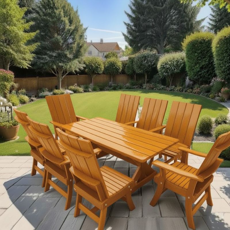Modern Dining Set for 8 with 6' Table on a patio in a garden setting - clear cedar - golden glossy