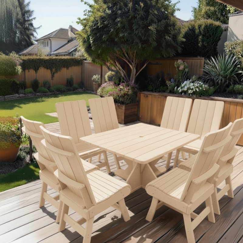 Modern Dining Set for 8 with Pedestal Table on a deck with a garden and house in the background - clear cedar - unstained