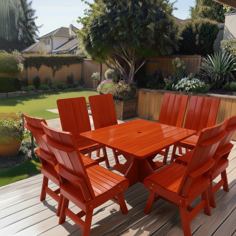 Modern Dining Set for 8 with Pedestal Table on a deck with a garden and house in the background - clear cedar - mahogany glossy