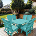 Modern Dining Set for 8 with Pedestal Table on a deck with a garden and house in the background - poly luxe - aruba blue