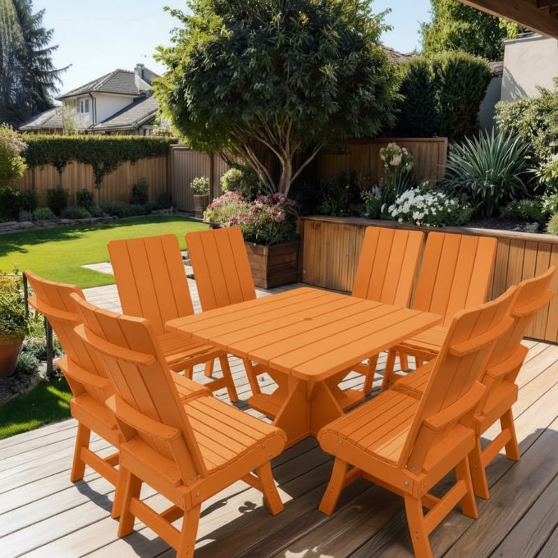 Modern Dining Set for 8 with Pedestal Table on a deck with a garden and house in the background - poly luxe - orange