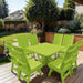 Modern Dining Set for 8 with Pedestal Table on a deck with a garden and house in the background - poly luxe - lime green