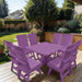 Modern Dining Set for 8 with Pedestal Table on a deck with a garden and house in the background - poly luxe - purple