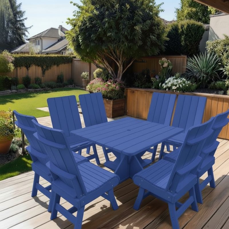 Modern Dining Set for 8 with Pedestal Table on a deck with a garden and house in the background - poly luxe - blue