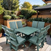 turf green outdoor dining set with table and chairs on a wooden deck, surrounded by plants and a wooden fence.