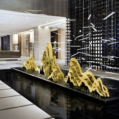 Mountain Range Gold Abstract Steel Sculptures - all versions indoor set up