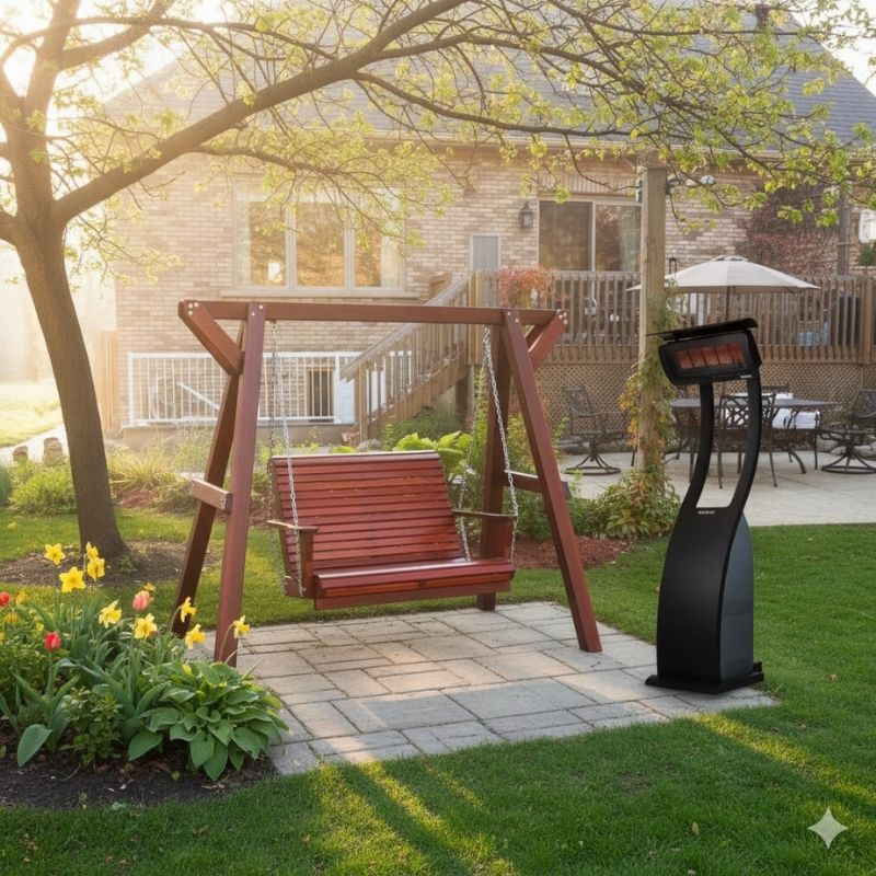 Lovers Porch Swing and Bromic Tungsten Gas Heater in a spirng morning setting