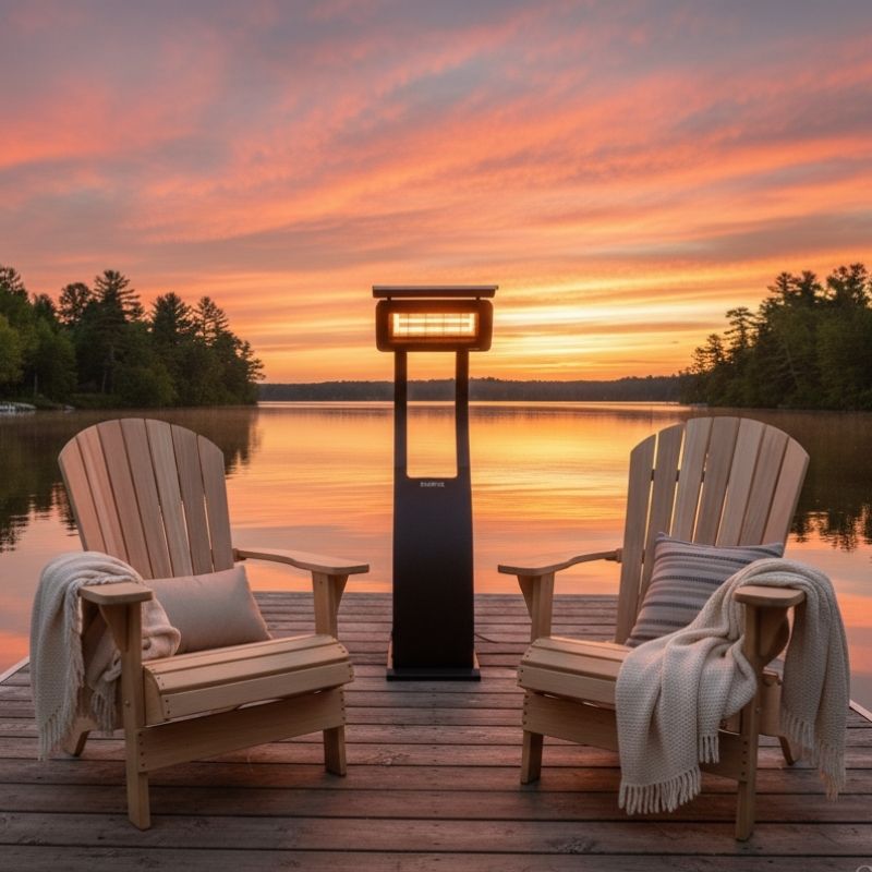 Chairs and Heater on Lakeside Dock at Sunset