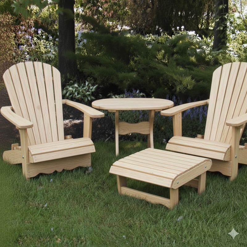 Royal Patio Set on grass with trees in the background - poly luxe - woodgrain birhcwood