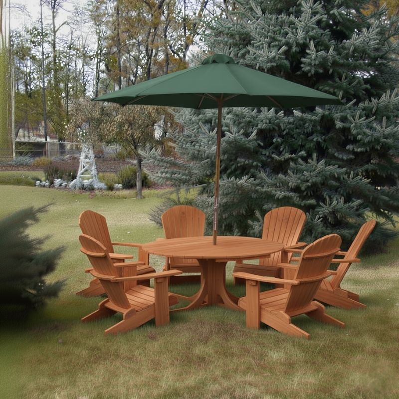 Cedar Royal Picnic Set for 6 set with a green umbrella in a garden setting