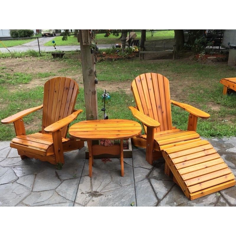 Reclining adirondack chairs, side table and ottoman