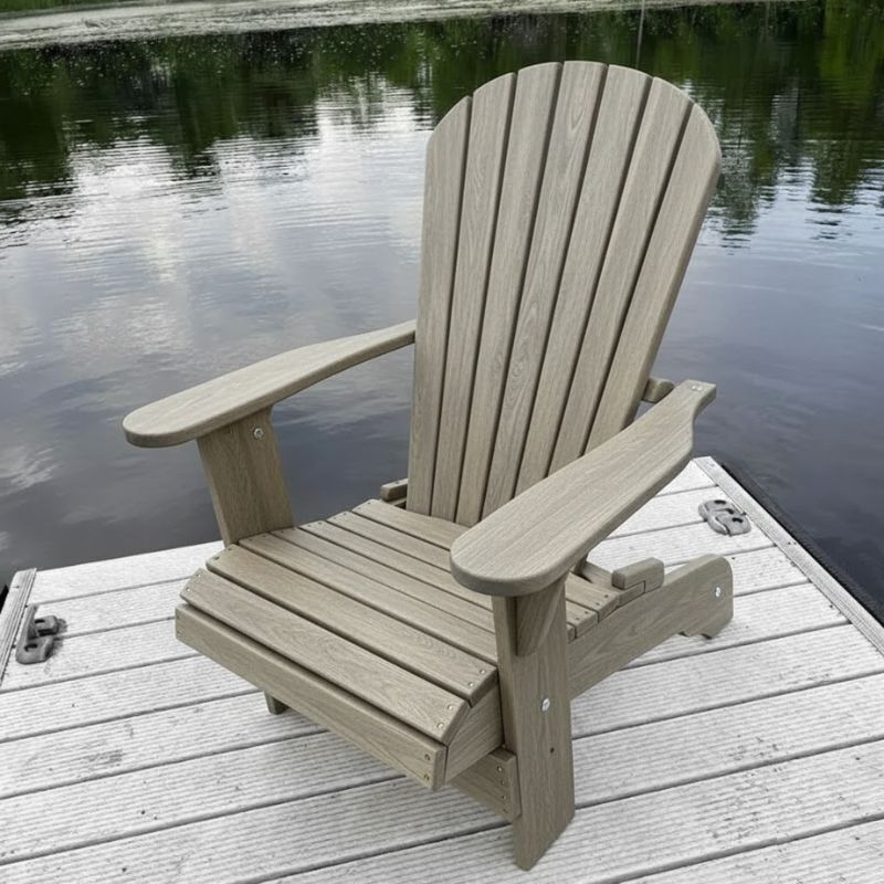 Royal Upright Adirondack Chair, Easiest To Get In And Out Of, Partial Kit (Large) on a dock by a body of water - woodgrain driftwood grey