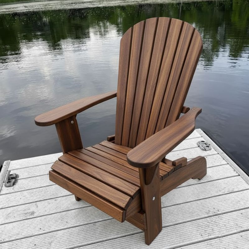 Royal Upright Adirondack Chair, Easiest To Get In And Out Of, Partial Kit (Large) on a dock by a body of water - woodgrain brazilian walnut