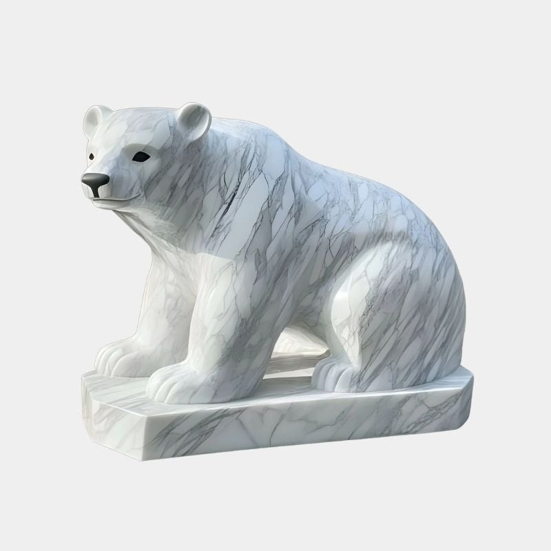 Seated Polar Bear White Marble Outdoor Sculpture in a clean background