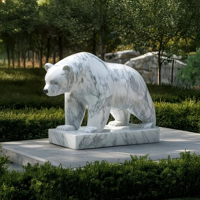 Walking Polar Bear White Marble Outdoor Sculpture outdoor setting
