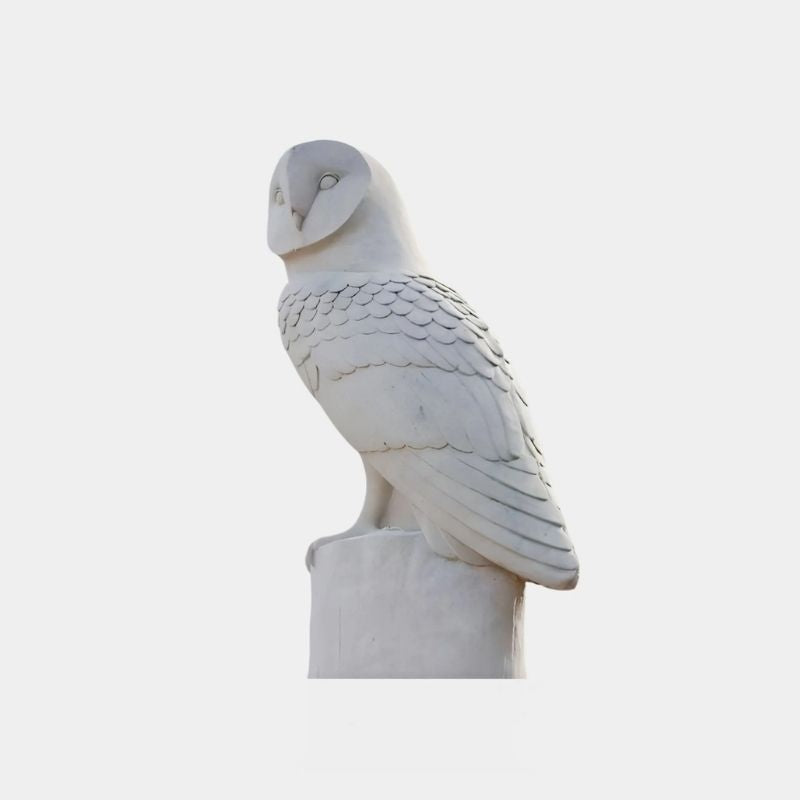 Watchful Owl Marble Outdoor Sculpture in clear background