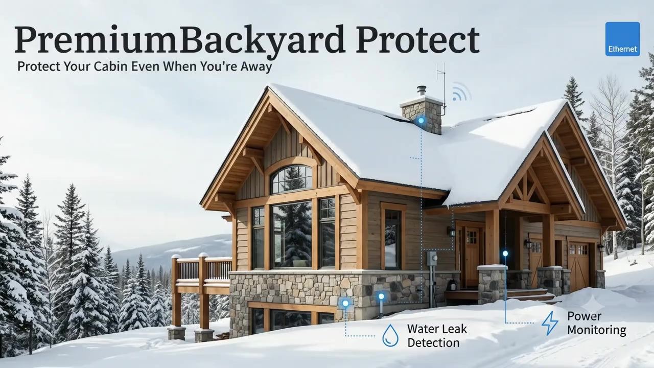 PremiumBackyard Protect Cabin Protection System, Ethernet version, installed on a snowy log cabin exterior with icon callouts for freeze monitoring, water leak detection, and power outage monitoring