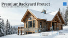 PremiumBackyard Protect Cabin Protection System, Ethernet version, installed on a snowy log cabin exterior with icon callouts for freeze monitoring, water leak detection, and power outage monitoring