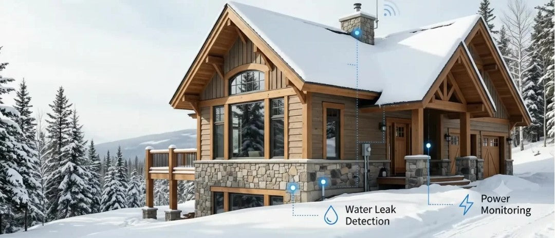 Cabin Protect monitoring points on a Canadian cabin in winter: water leak detection and power monitoring
